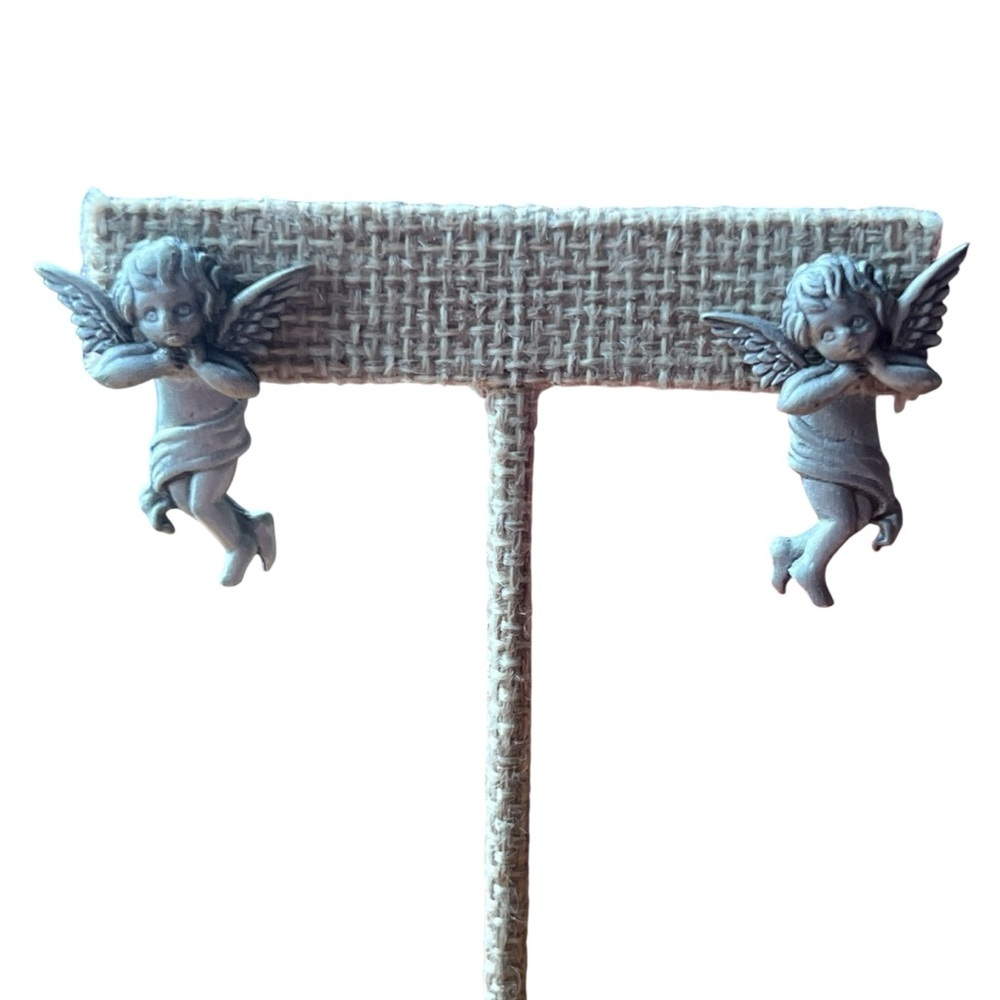 Vintage JJ Pewter Front to Back Cherub Earrings